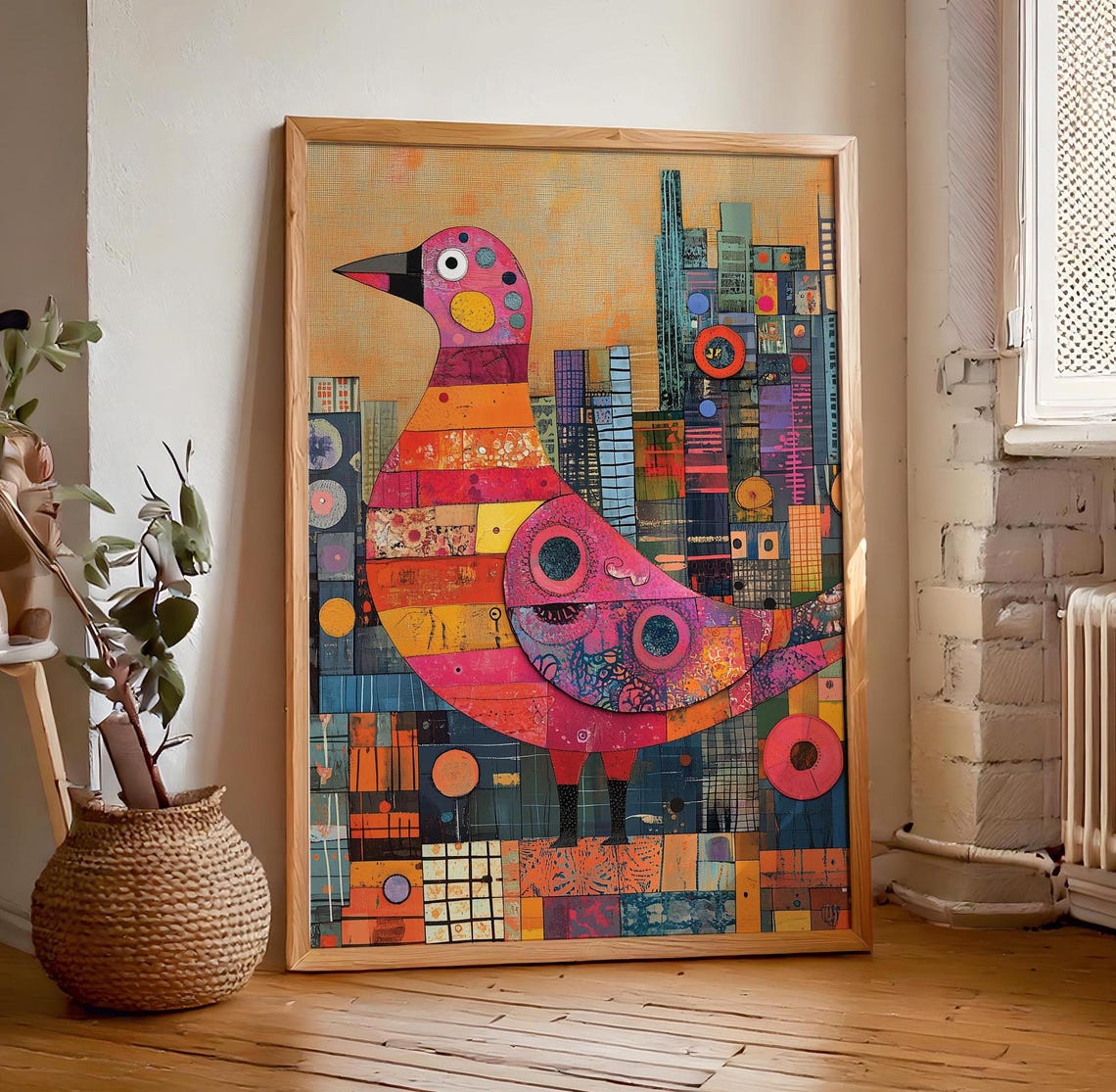 Stylized Patchwork Pigeon Over A Geometric Cityscape Art Poster
