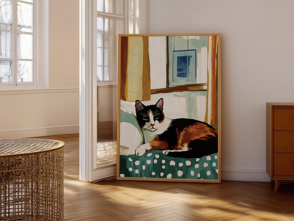 Calico Cat Resting By Window on Polka Dot Bedding Cozy Cat Poster - Image 6
