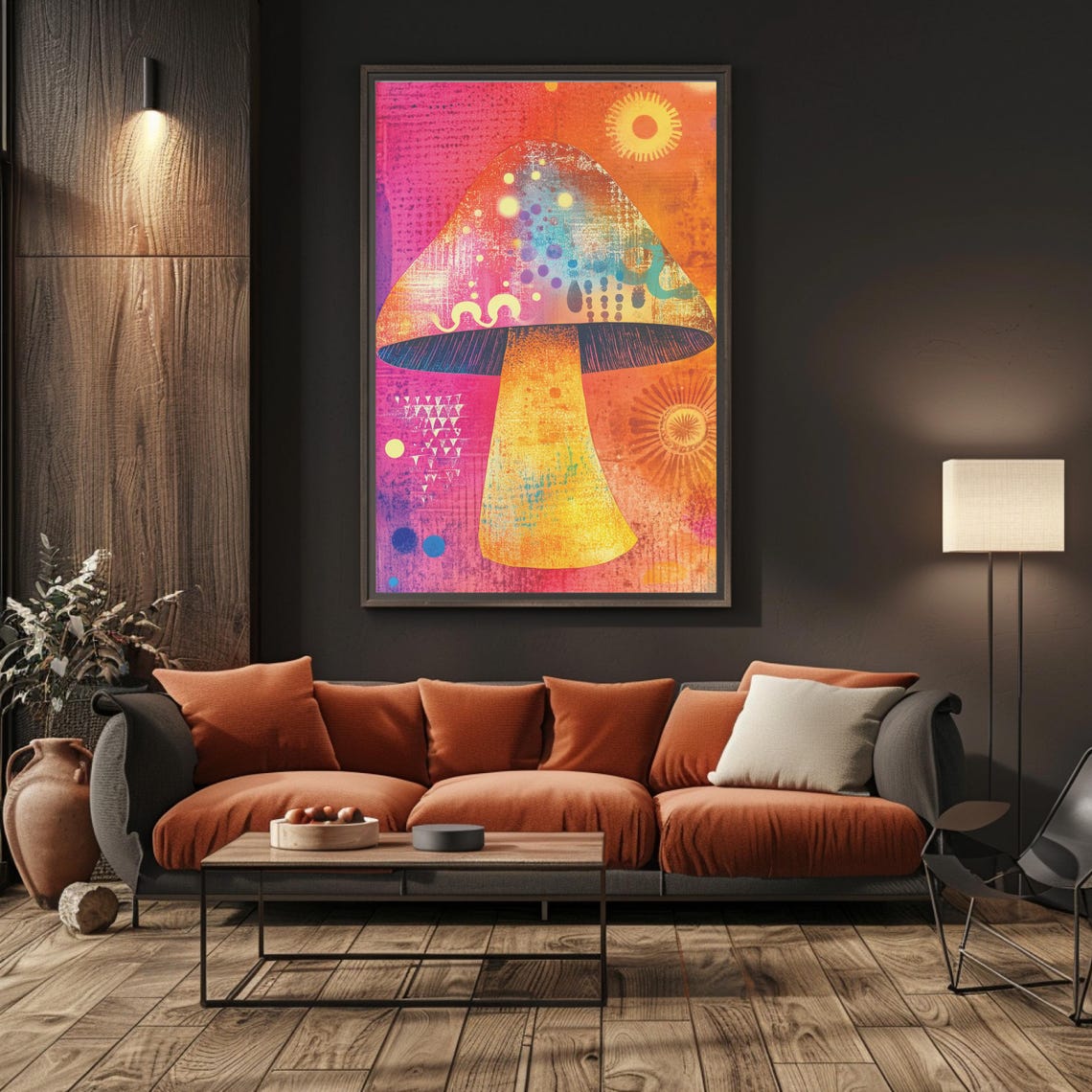 Colorful Abstract Mushroom on Pink Orange Sun Pattern Art Poster - Image 4
