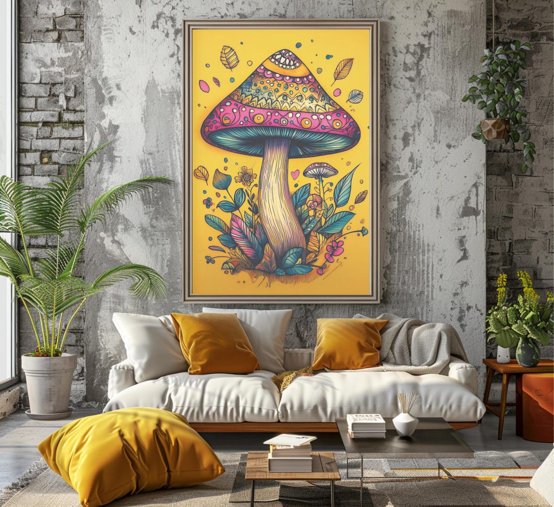 Tall Patterned Pink Mushroom With Folk Art Details Art Poster - Image 7