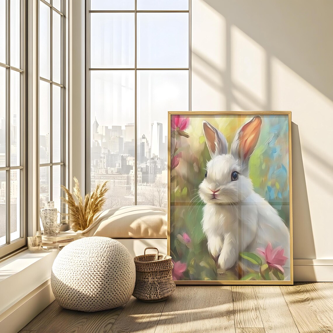 White Bunny Among Pink Blossoms Soft Painterly Spring Garden Animal Wall Art - Image 2