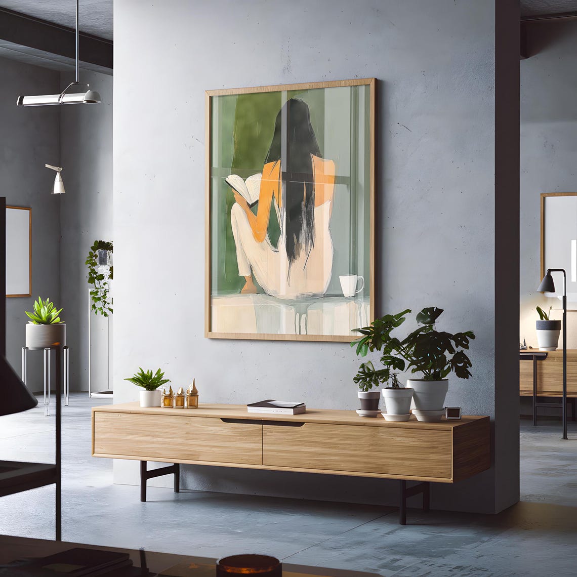 Emerald Green Abstract Minimalist Print Woman Reading With Coffee Wall Art Classic Wall Art Retro Vintage Painting Art - Image 3
