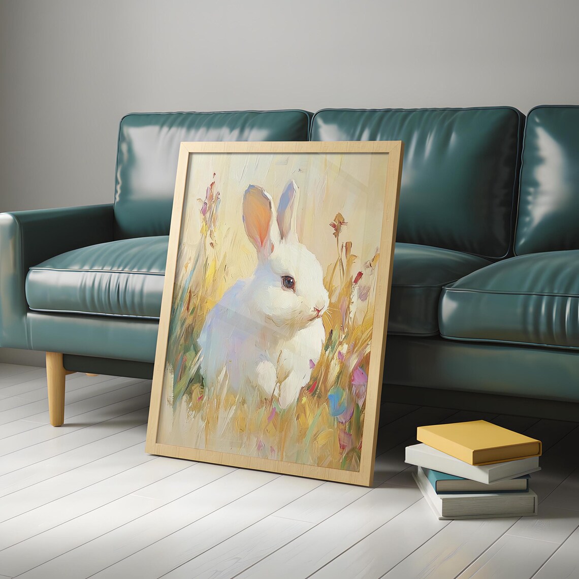 White Rabbit In Golden Meadow Soft Pastel Oil Painting Style Bunny Artwork Poster - Image 4