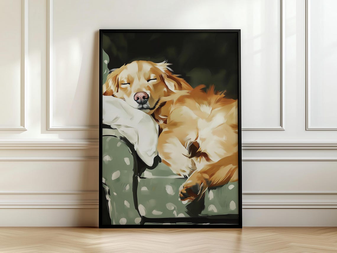 Golden Retriever Asleep on Polka Dot Armchair Painterly Dog Poster - Image 7