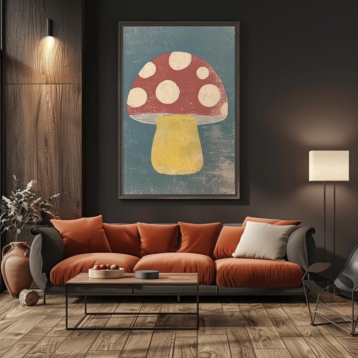 Woodblock Red Spotted Mushroom on Slate Blue Vintage Art Poster - Image 5