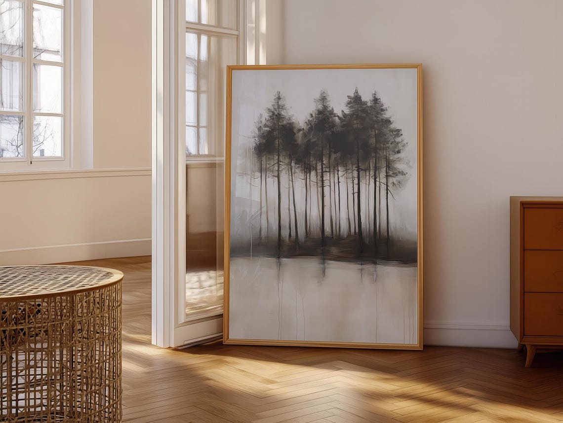 Minimalist Ink Pine Stand Reflected in Still Water Painting Poster - Image 6