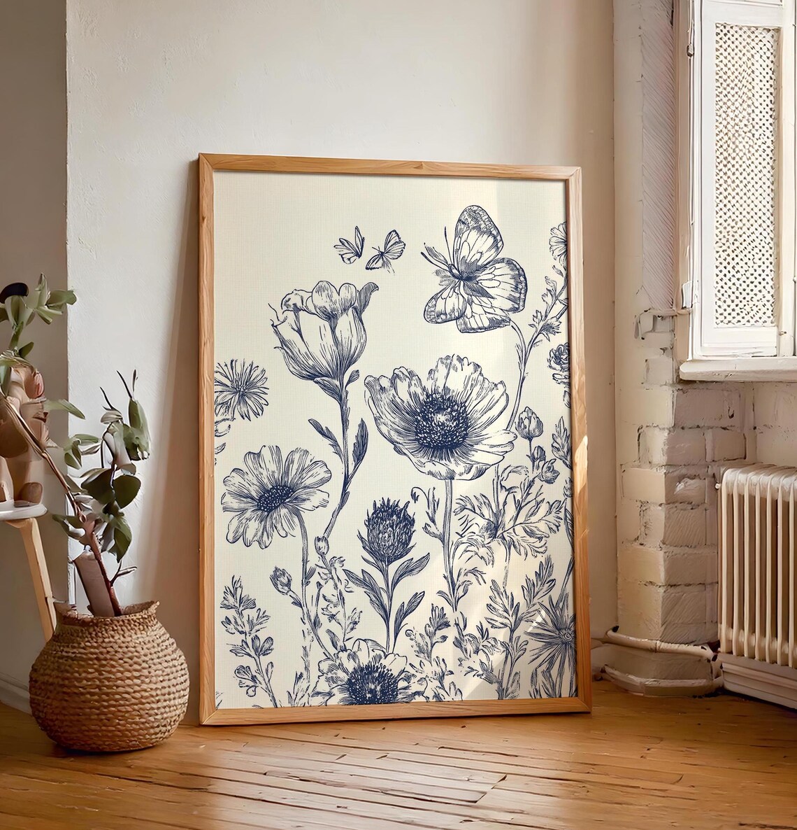 Blue Ink Wildflowers with Twin Butterflies Vintage Botanical Poster