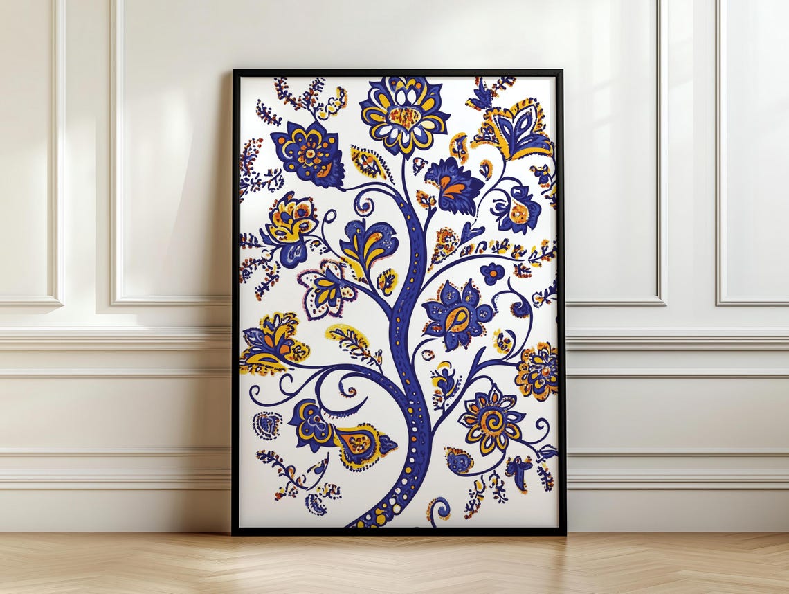 Deep Violet Blue Ukrainian Folk Tree Paisley Flowers White Poster - Image 7