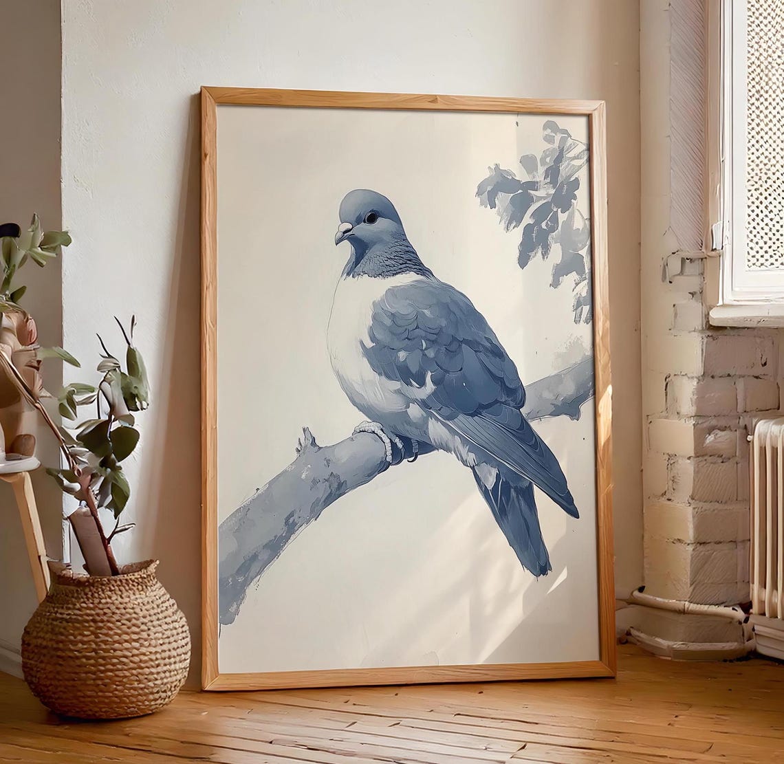 Elegant Blue Gray Pigeon On A Branch Watercolor Style Poster