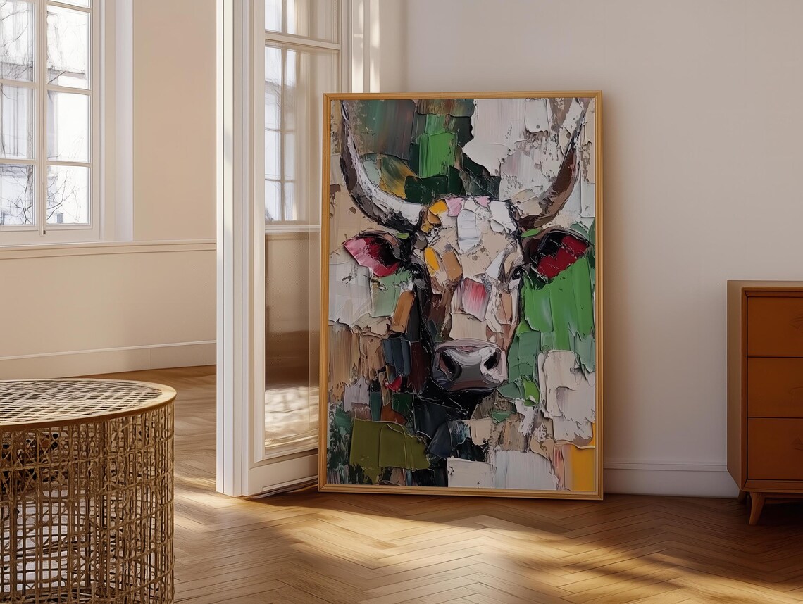 Abstract Impasto Cow Portrait with Green Accents Painting Poster - Image 6