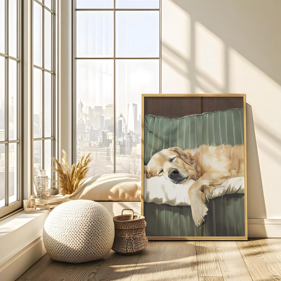 Golden Retriever Asleep on Green Striped Couch Paw Hanging Dog Poster - Image 3