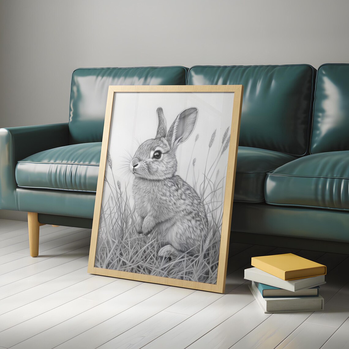 Gray Bunny Pencil Sketch Sitting In Tall Grass Minimalist Woodland Animal Drawing Poster - Image 4