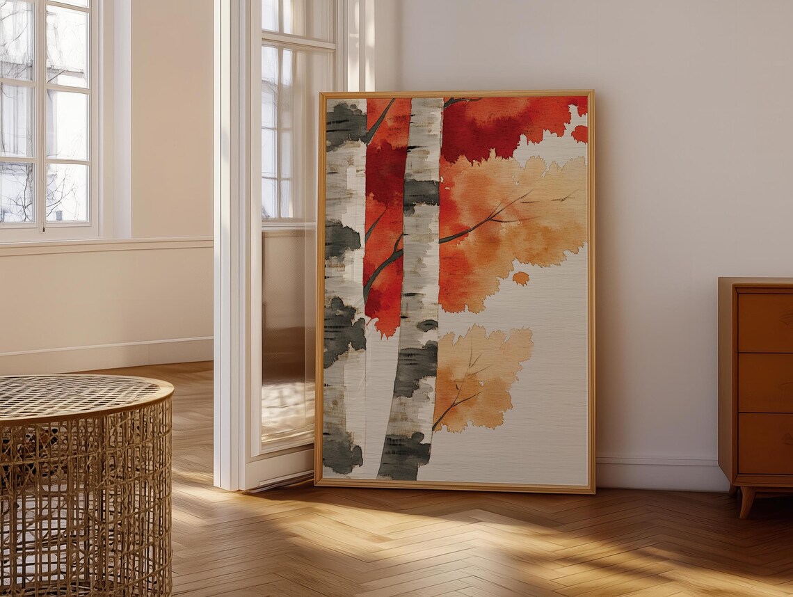 Birch Tree Painting Nature Inspired Wall Art Print Japandi Style Watercolor Birch Tree Art Dopamine Decor Bedroom Living Dining Room - Image 6