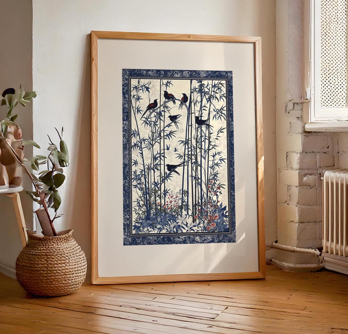 Blue Bamboo Forest With Black Birds Chinoiserie Textile Art Poster - Image 7