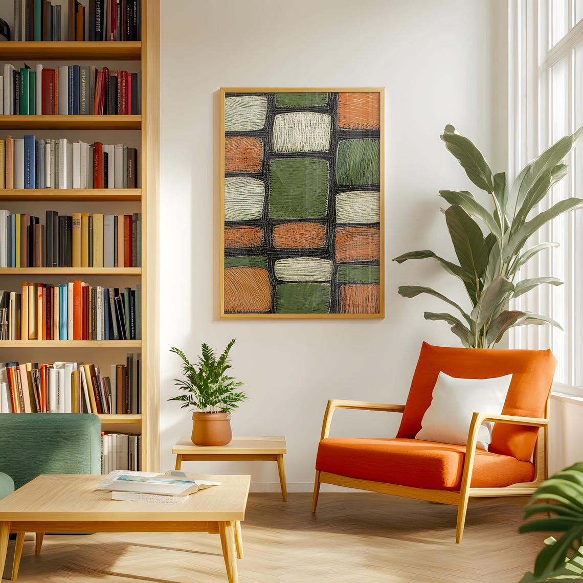 Retro Geometric Grid Sage Green Cream Rust 1970s Style Poster - Image 5