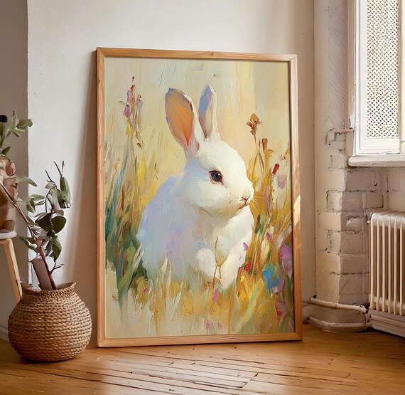 White Rabbit In Golden Meadow Soft Pastel Oil Painting Style Bunny Artwork Poster