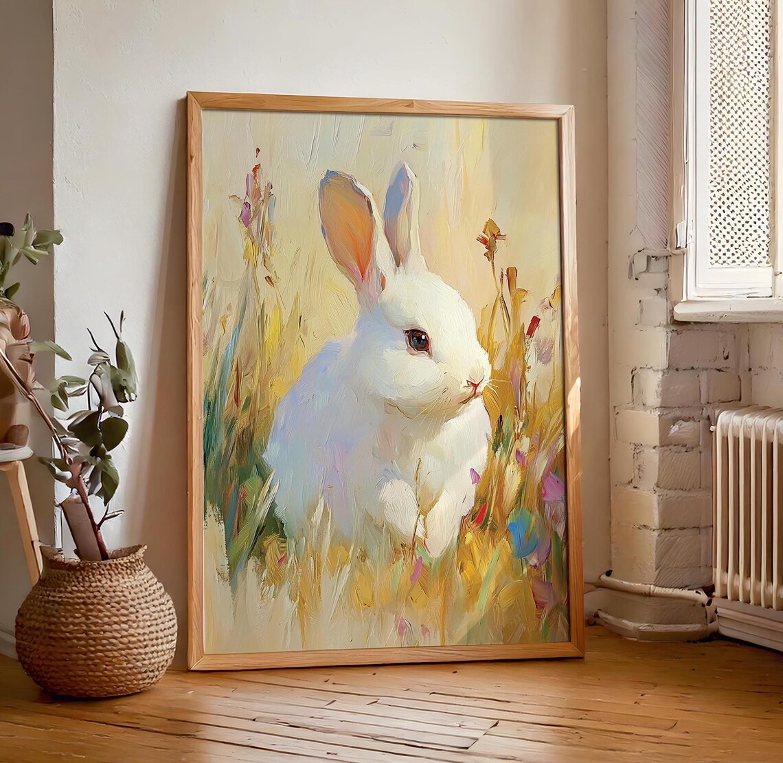 White Rabbit In Golden Meadow Soft Pastel Oil Painting Style Bunny Artwork Poster