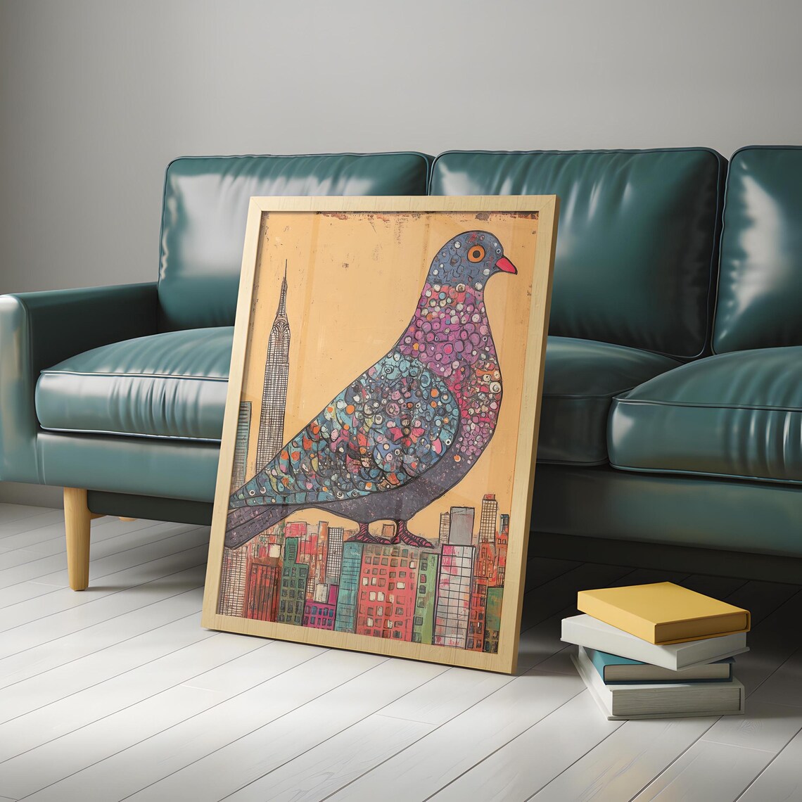 Mosaic Pigeon Above A Colorful City Skyline Landmark Art Poster - Image 5