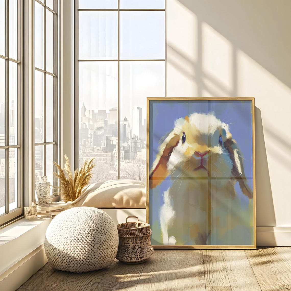 Lop Eared Bunny Close-Up Portrait on Blue Painterly Animal Poster - Image 2