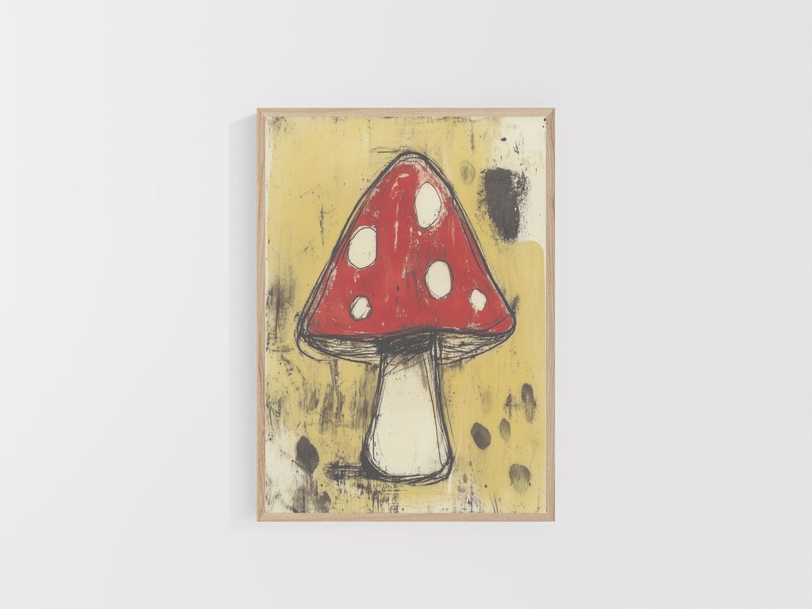 Sketchy Red Spotted Mushroom on Mustard Grunge Background Poster - Image 4