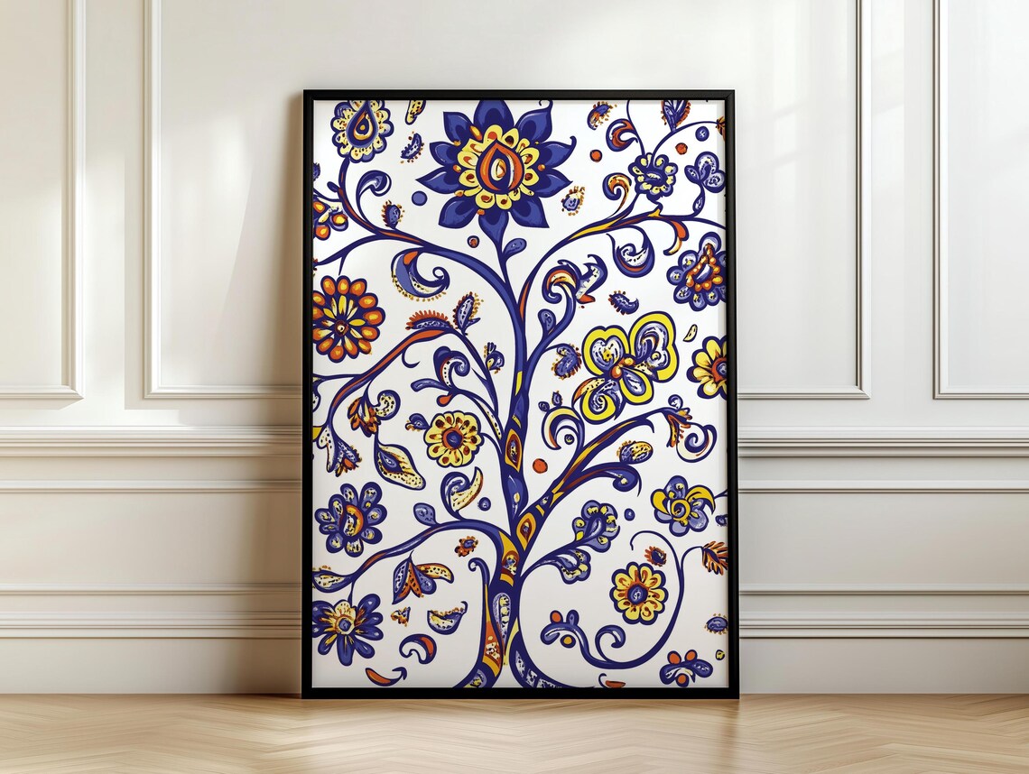 Ukrainian Folk Art Tree Of Life Cobalt Blue Orange Floral Poster - Image 7