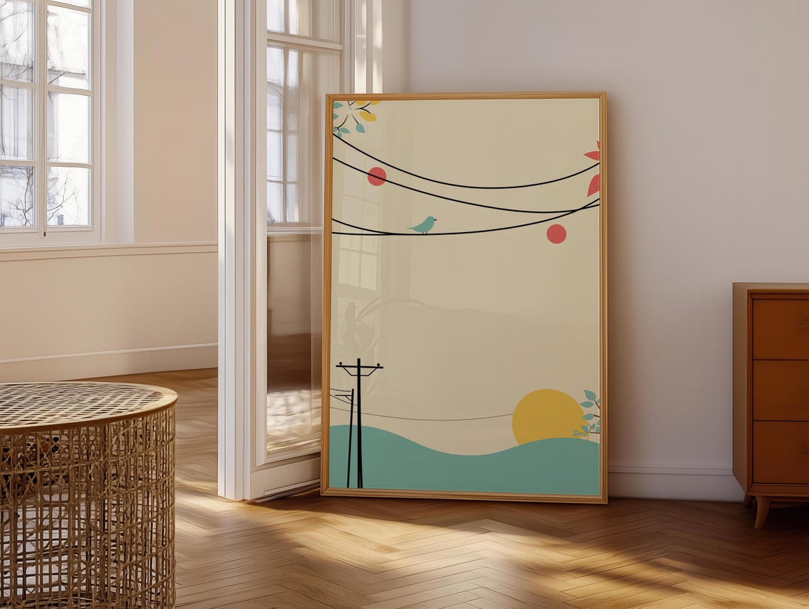 Minimalist Blue Bird On Telephone Wires At Sunset Art Poster - Image 6
