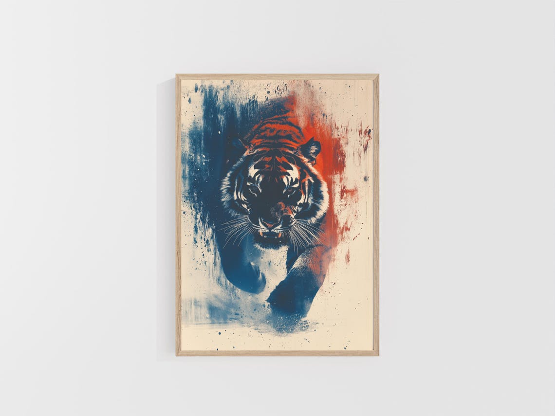 Watercolor Tiger Face In Blue And Orange Paint Splatter Art Poster - Image 4