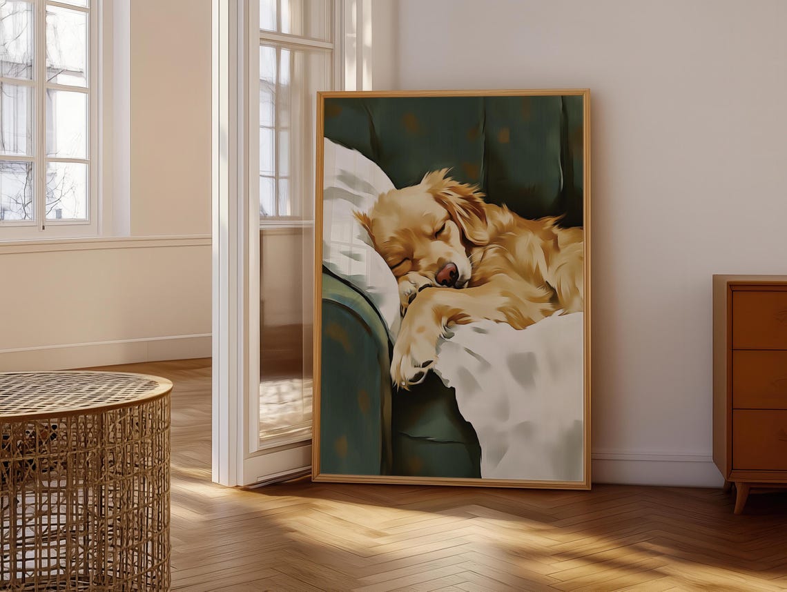 Golden Retriever Puppy Sleeping on Green Couch Soft Painting Poster - Image 6
