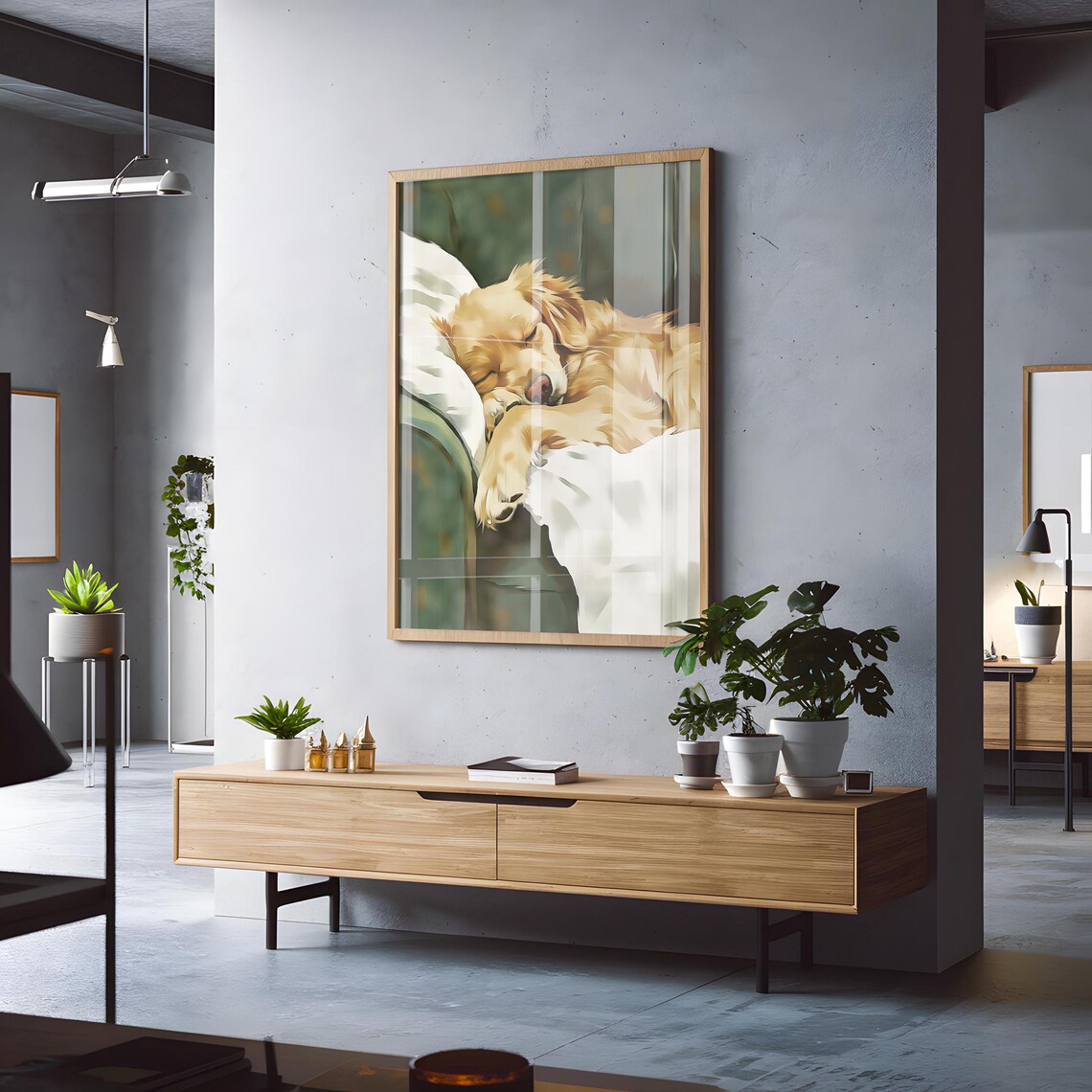 Golden Retriever Puppy Sleeping on Green Couch Soft Painting Poster - Image 3