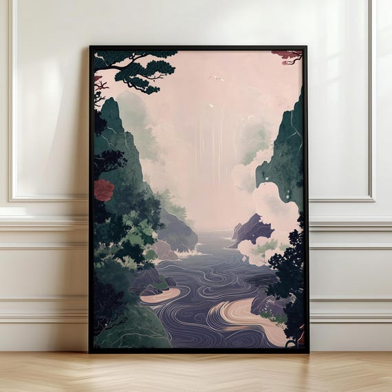 Japanese Ikigai Ukiyo E Print Waterfall Painting Poster Masculine Wall Hanging Art Traditional Japanese Artwork