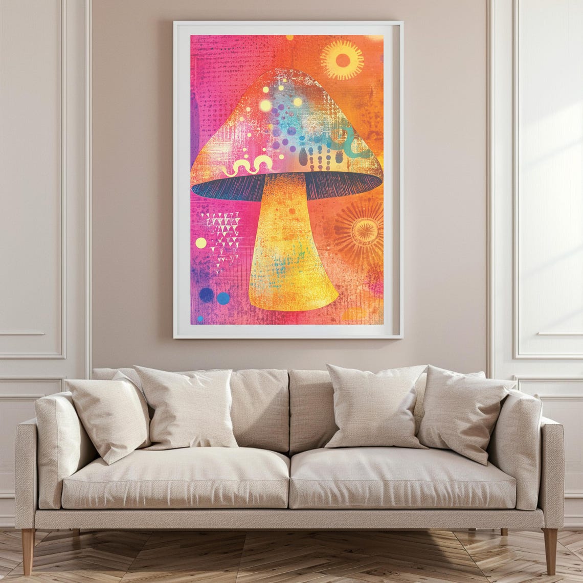 Colorful Abstract Mushroom on Pink Orange Sun Pattern Art Poster - Image 6