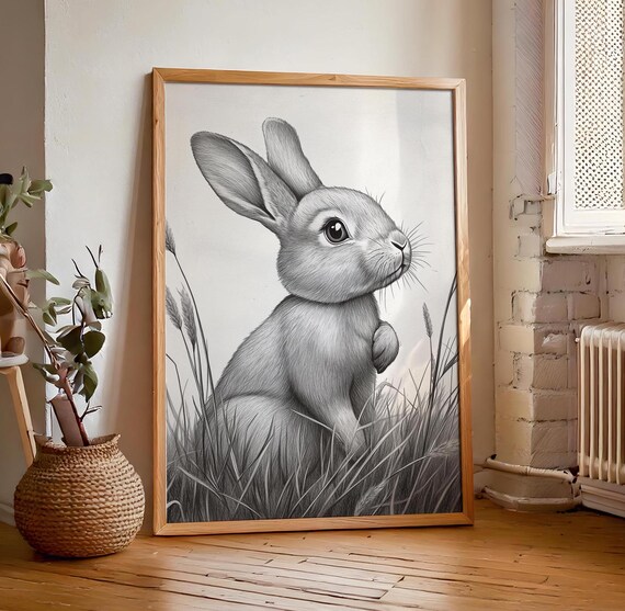 Sitting Bunny Looking Up Pencil Drawing Delicate Monochrome Rabbit Sketch Art Poster