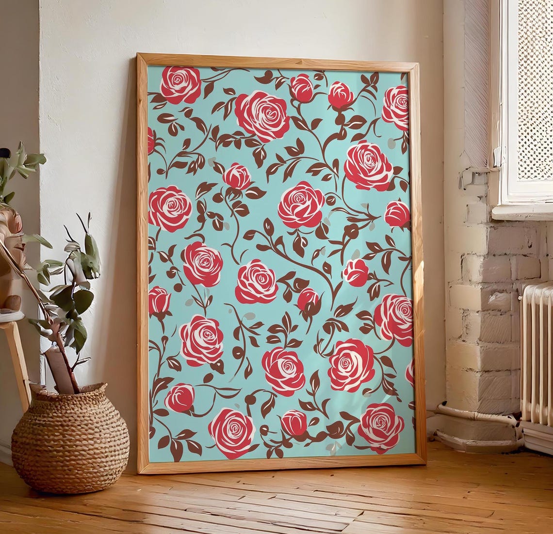 Chinoiserie Teal Background Crimson Rose Vine Pattern Poster