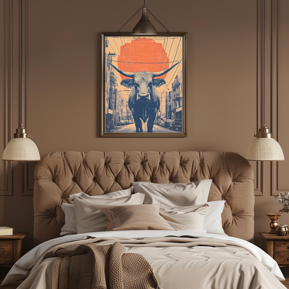 Longhorn Cow Under Giant Orange Sun City Street Western Art Poster - Image 3