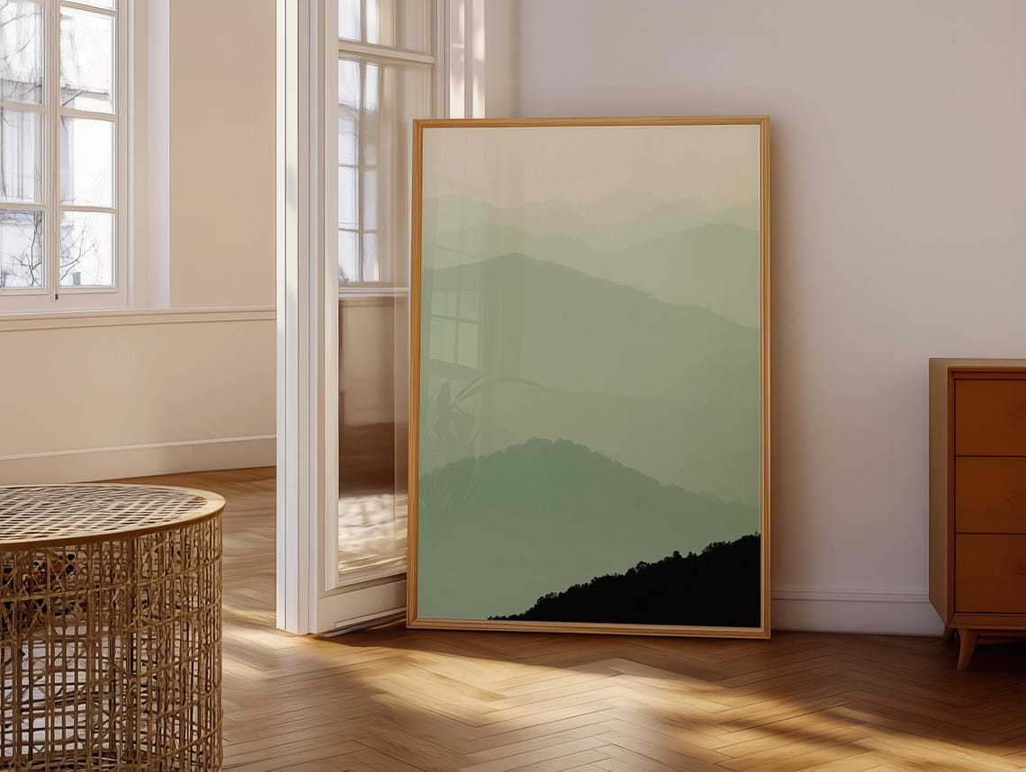Sage Green Mountain Wall Art Sage Green Lime Cream Art Minimalist Peaceful Foggy Calming Scenery - Image 6