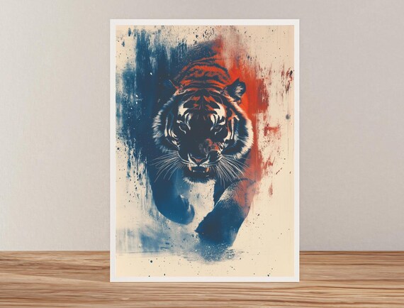 Watercolor Tiger Face In Blue And Orange Paint Splatter Art Poster