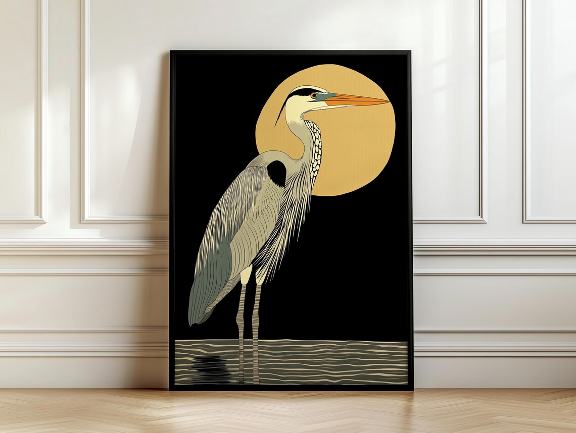 Retro Vintage Heron In The Night Art Print - Image 7