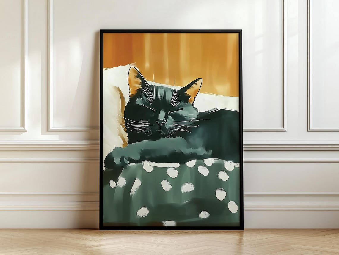 Sleeping Black Cat Under Polka Dot Blanket Golden Glow Poster - Image 7