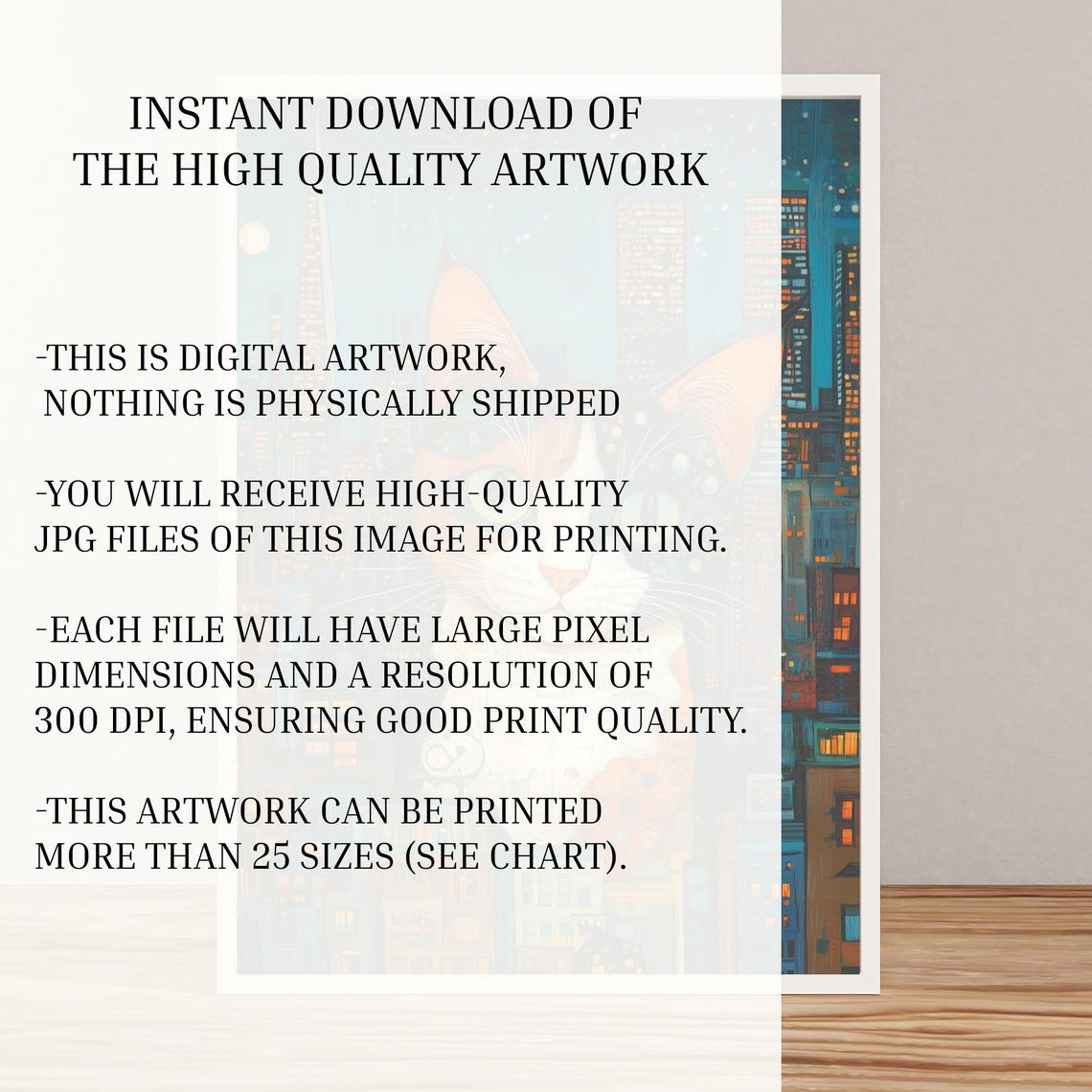 Calico Cat Over Night City Skyline Whimsical Painted Art Poster - Image 3