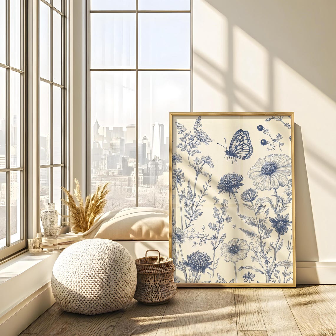 Blue Ink Botanical Sketch with Butterfly Vintage Floral Art Poster - Image 3