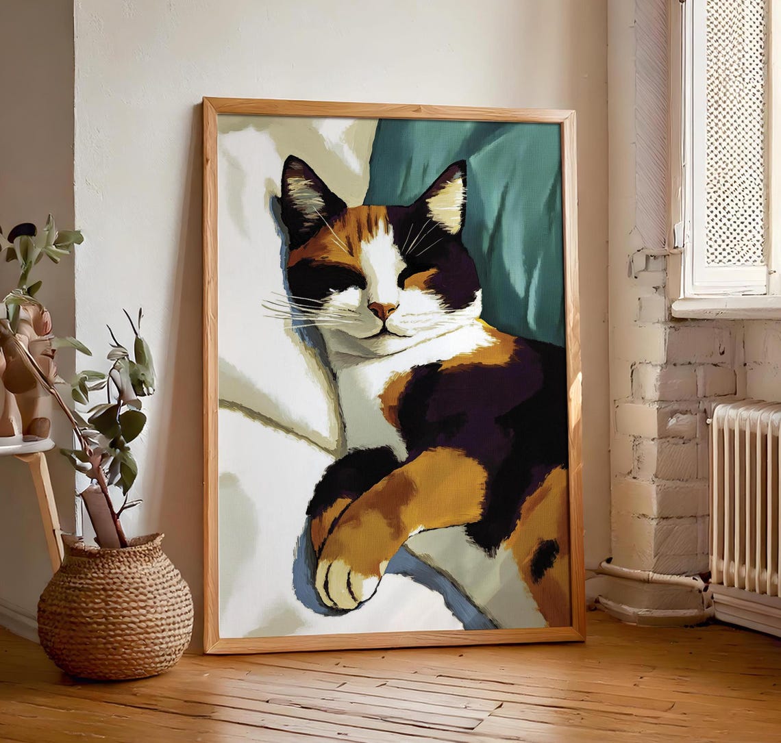 Sleeping Calico Cat Portrait Teal Background Soft Painterly Poster