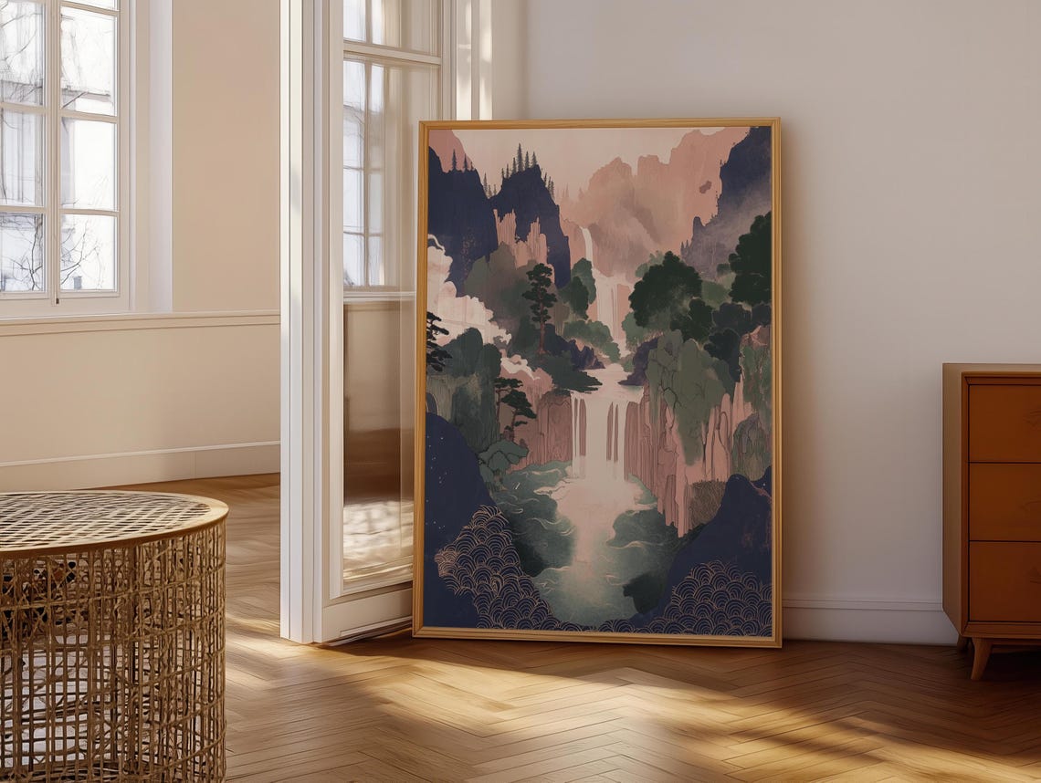 Japanese Waterfall Valley Canyon in Soft Blush Pink Tones Poster - Image 6