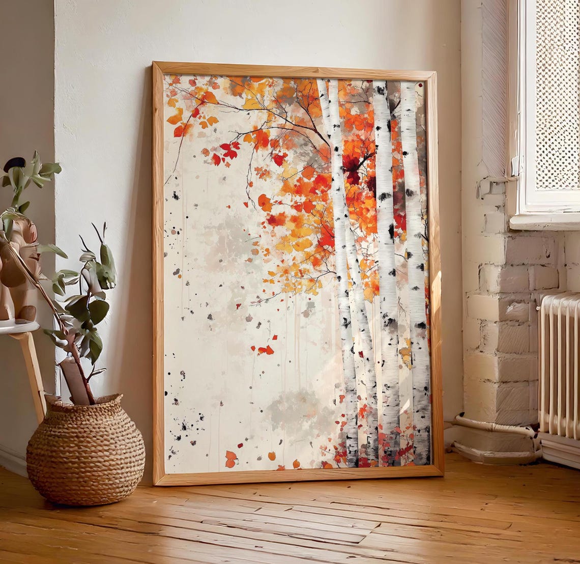 White Birch Trees Fiery Autumn Canopy Paint Splatter Art Poster