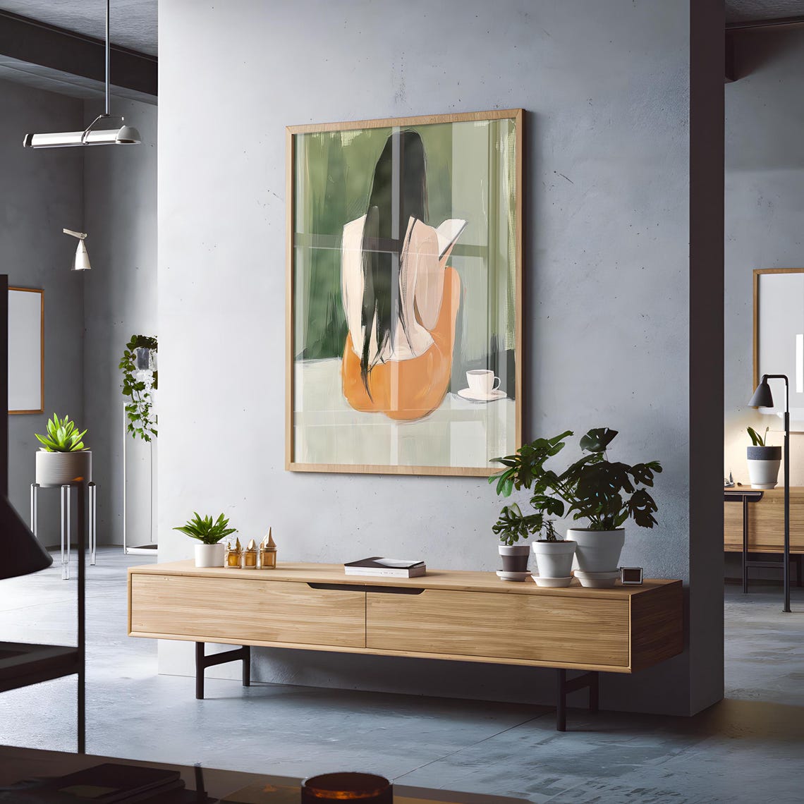 Woman Reading From Behind in Orange Pants Coffee Minimalist Poster - Image 3