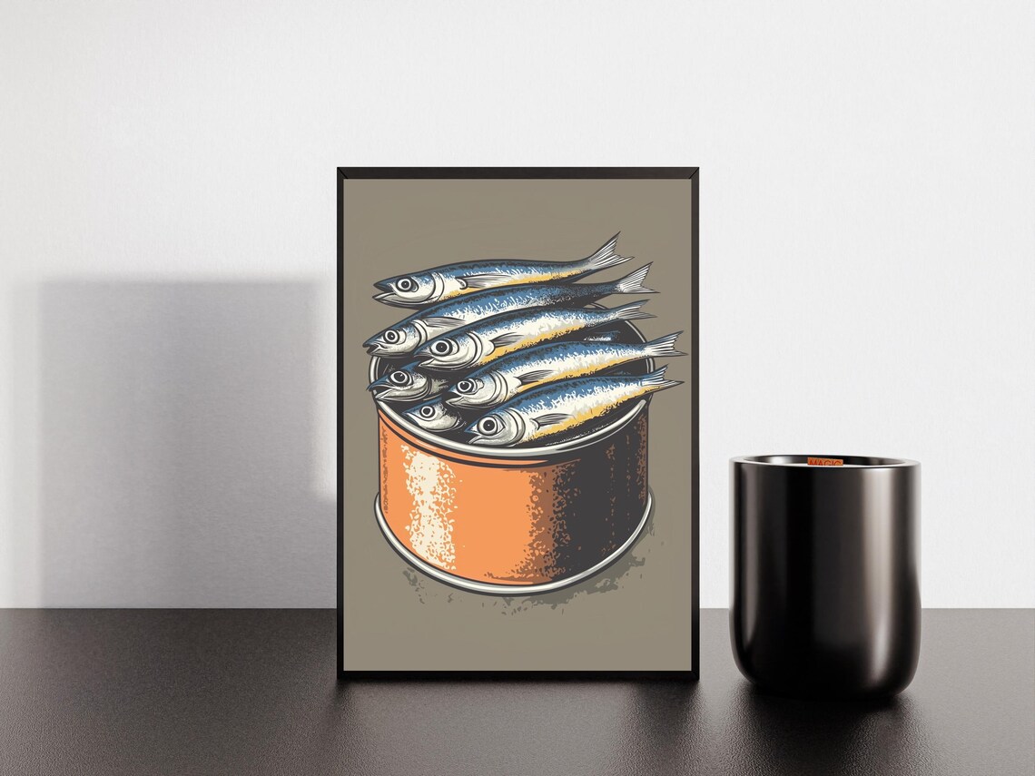 Vintage Round Orange Tin Of Sardines Retro Kitchen Art Poster - Image 3