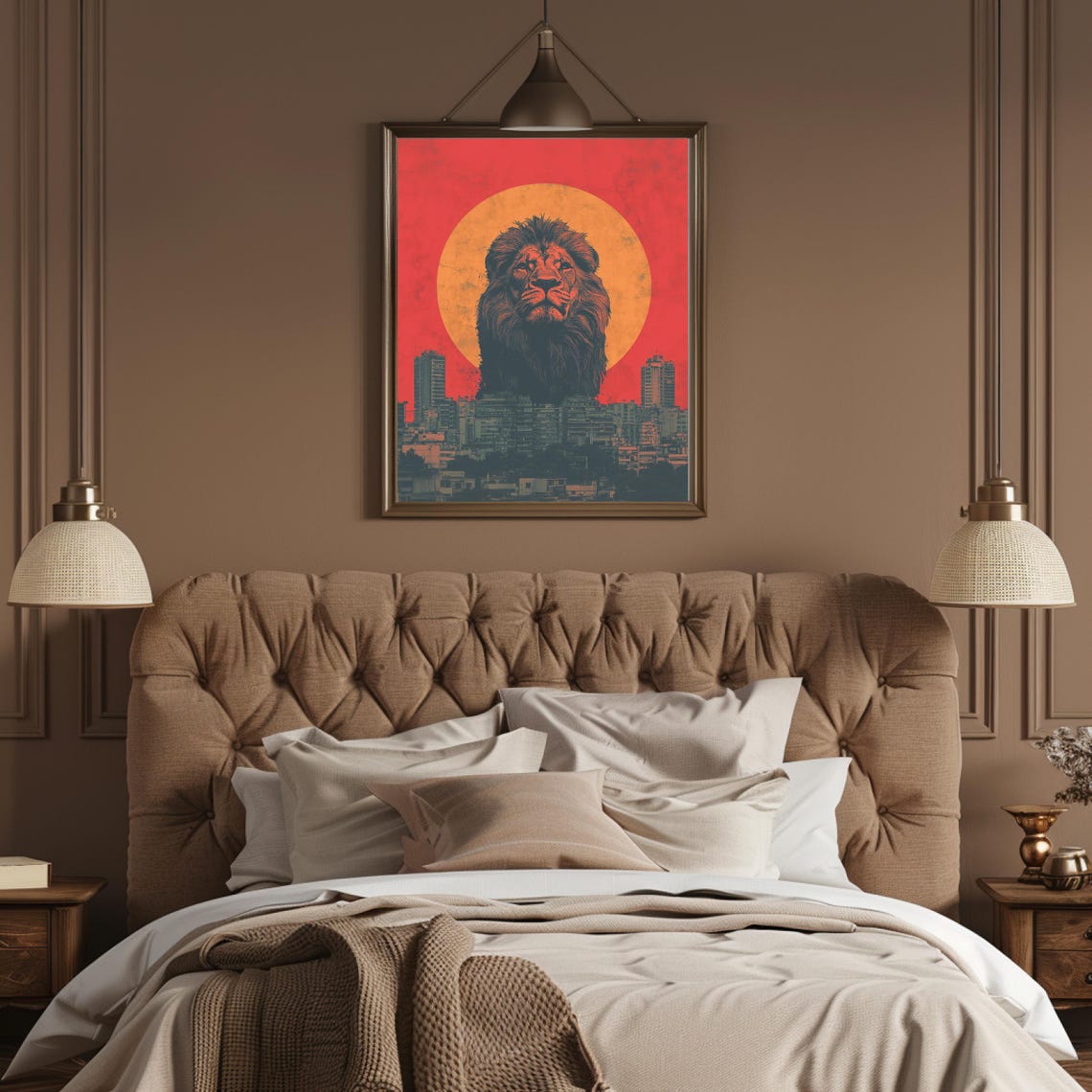 Majestic Lion Head Rising Above A City At Red Sunset Art Poster - Image 3