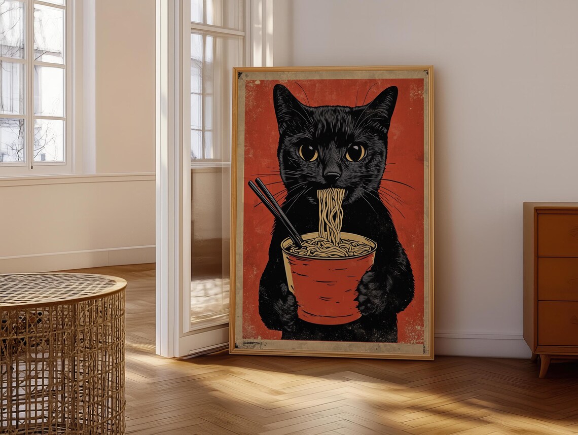 Black Cat Eating Ramen Vintage Style Funny Feline Food Poster - Image 5