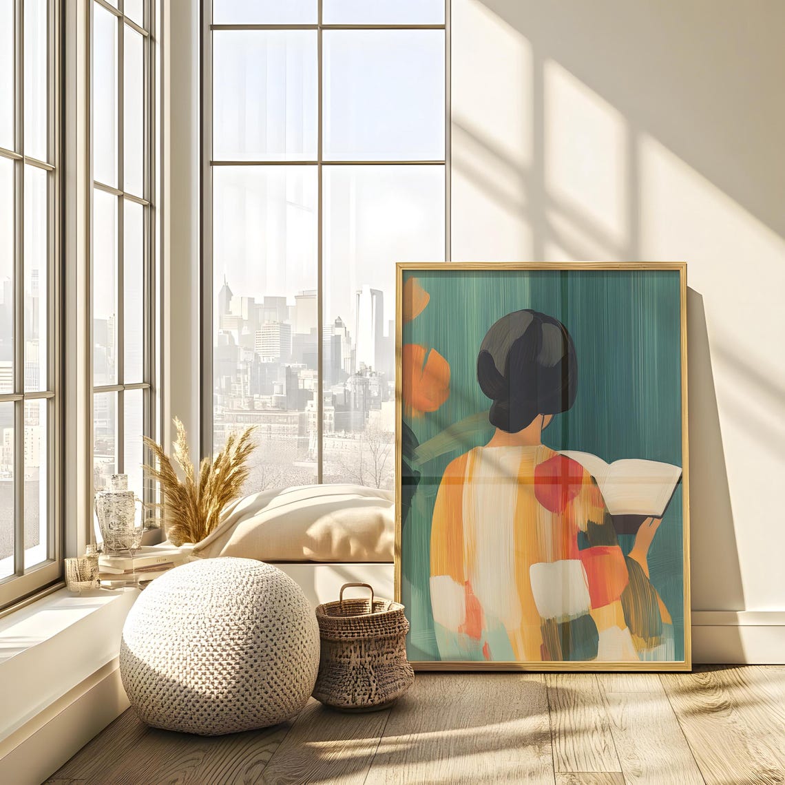 Woman With Bob Haircut Reading Colorful Back View Art Poster - Image 2