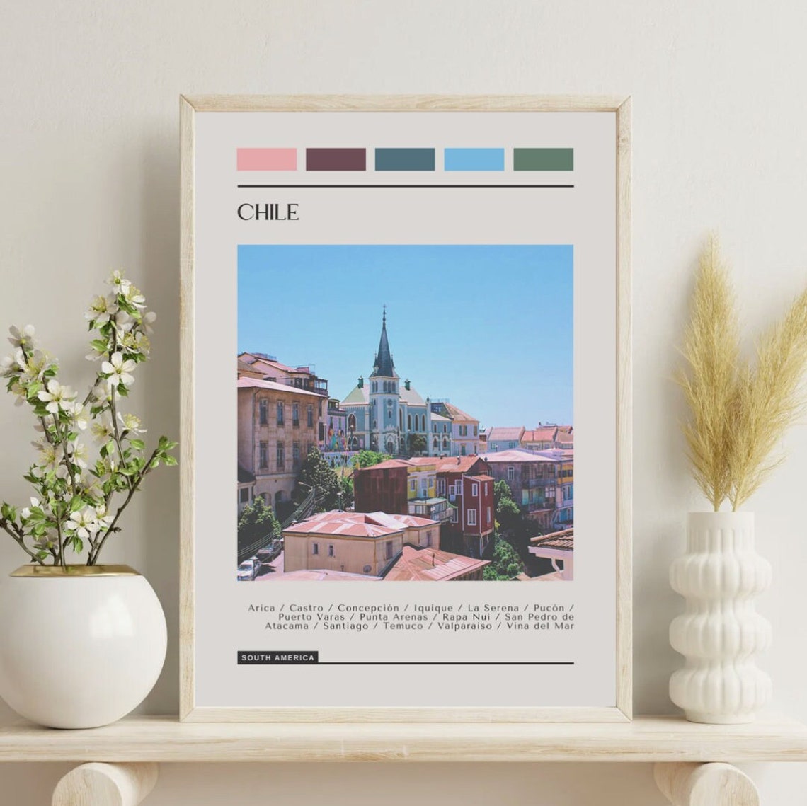 Chile Valparaiso Colorful Hillside Church Color Block Travel Poster