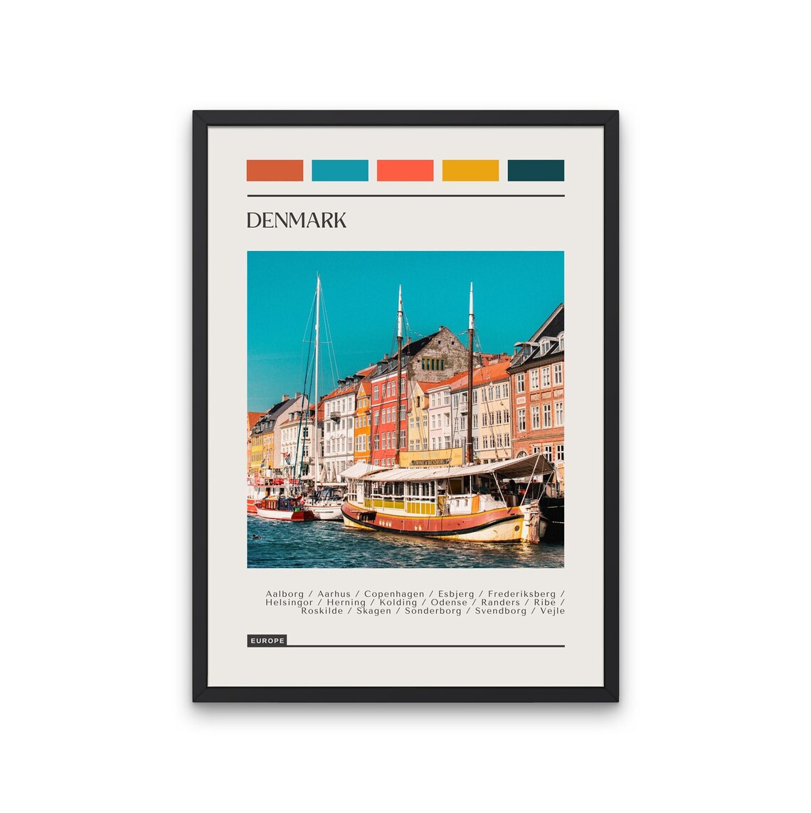 Denmark Nyhavn Colorful Harbor Boats Travel Photography Poster